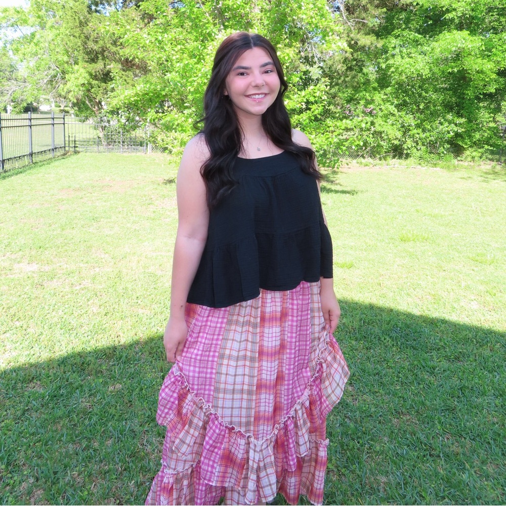 Life Plaid Patchwork Style Maxi Skirt Hi-Low Ruffles Pink Maxi Retro Y2K 2000